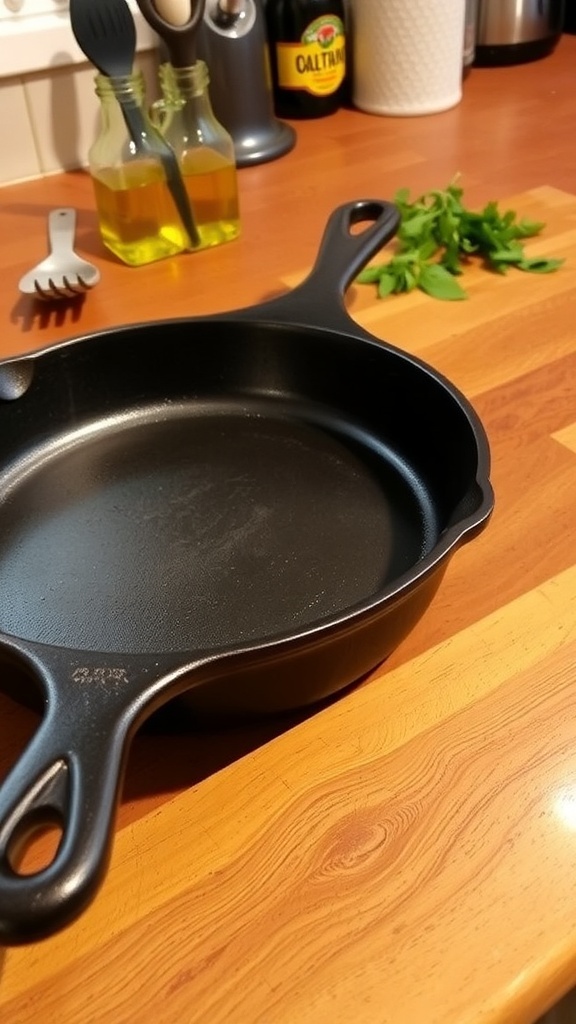 A shiny cast iron skillet on a wooden countertop, ready for cooking.